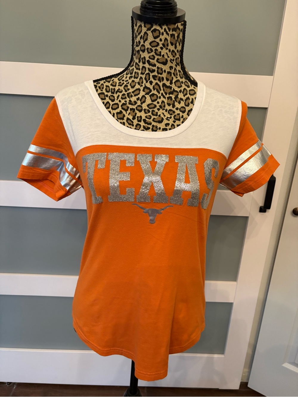 Women’s Scoop Neck Short Sleeve Tee - Orange & White with Silver Foil